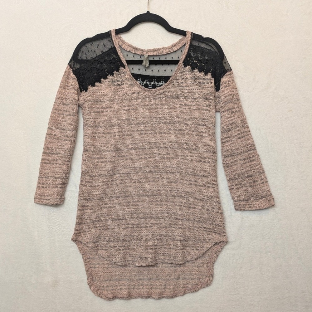Vanity Medium Pink Knit High Low‎ Lace Shoulder Top Women's Lightweight Tunic